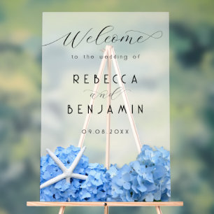 Blue Hydrangea Seaside Wedding Welcome Opaque Acrylic Sign