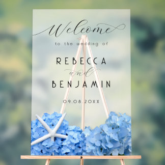 Blue Hydrangea Seaside Wedding Welcome Opaque Acrylic Sign