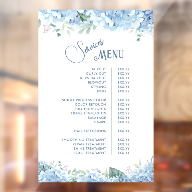 Blue Hydrangea Services Menu Window Cling (Sheet 2)