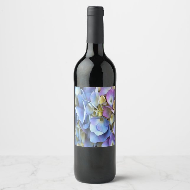 Blue Hydrangea Shrub Artistic Bossom Wine Label (Front)