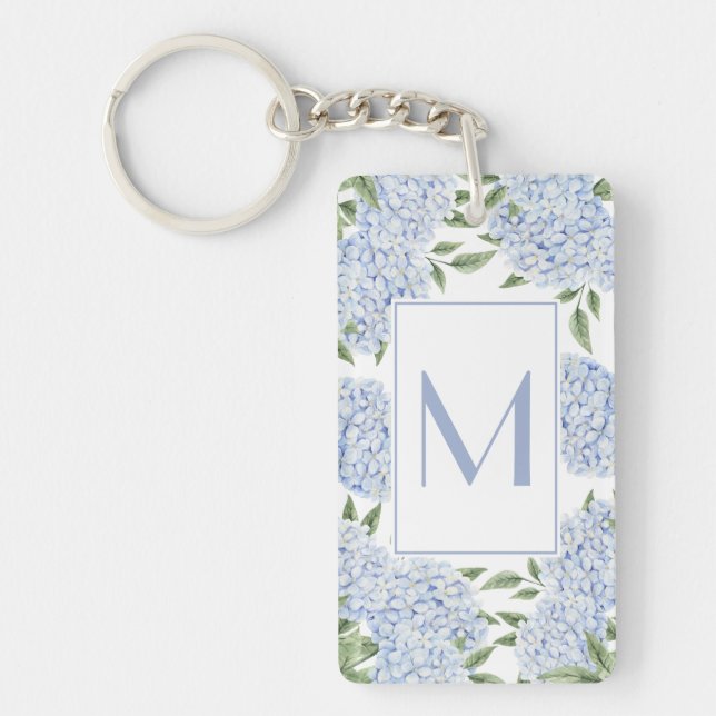 Blue Hydrangea Single Initial Monogram Custom Key Ring (Front)