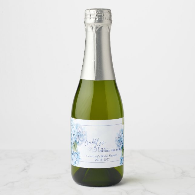 Blue Hydrangea Something Blue Bridal Shower Sparkling Wine Label (Front)