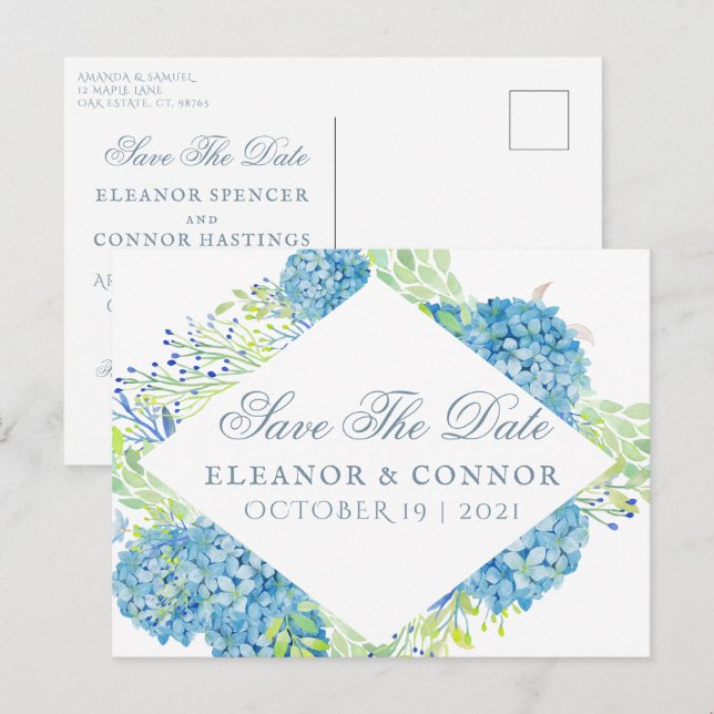 Blue Hydrangea Sophisticated Wedding Announcement Postcard (Front/Back)