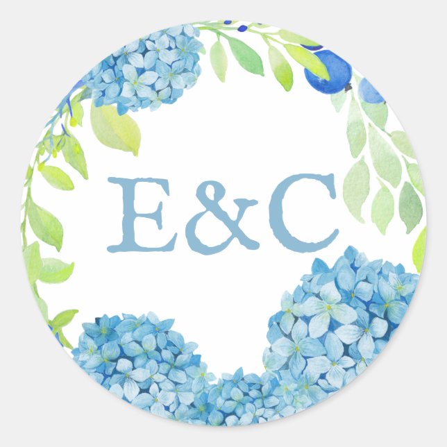 Blue Hydrangea Sophisticated Wedding Classic Round Sticker (Front)