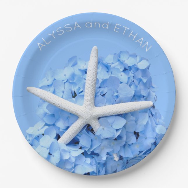 Blue Hydrangea Starfish Shower Paper Plate (Front)