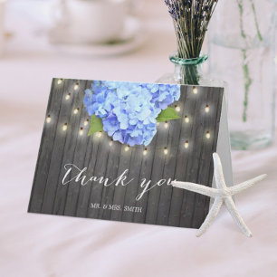 Blue Hydrangea String Lights Barn Wood Thank You Card
