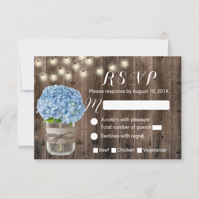 Blue Hydrangea & String Lights Rustic Wood RSVP (Front)