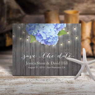 Blue Hydrangea & String Lights Wood Save the Date Announcement Postcard