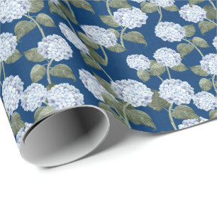 Blue Hydrangea Summer Garden Navy Linen Texture Wrapping Paper
