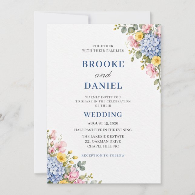 Blue Hydrangea Sweet Pea Spring Wedding Invitation (Front)