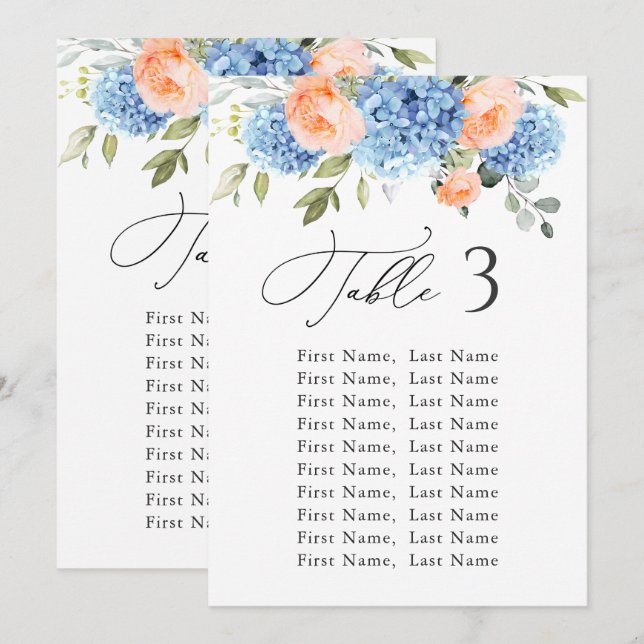 Blue Hydrangea Table Number Seating Chart Cards (Front/Back)