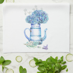 Blue Hydrangea Teapot Farmhouse Pastel Floral  Tea Towel