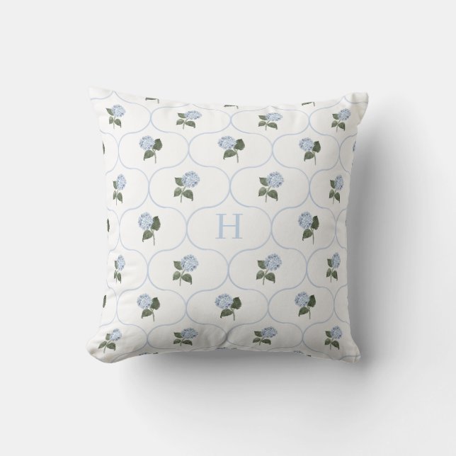 Blue Hydrangea Trellis Monogram   Cushion (Front)