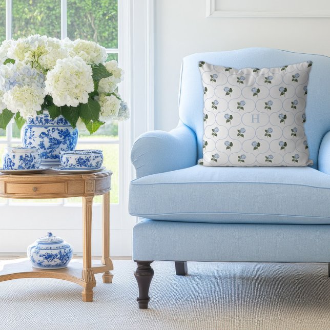Blue Hydrangea Trellis Monogram   Cushion (Hydrangea Blue Trellis Pillow)