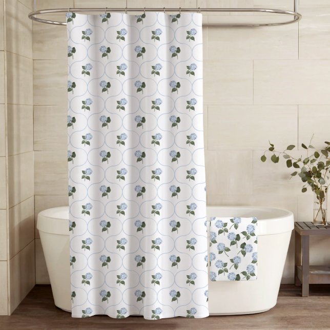 Blue Hydrangea Trellis  Shower Curtain (Hydrangea Trellis Blue Shower Curtain)