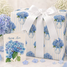 Blue Hydrangea Vase Coastal Wrapping Paper