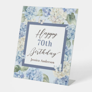 Blue Hydrangea Watercolor 70th Birthday Pedestal Sign
