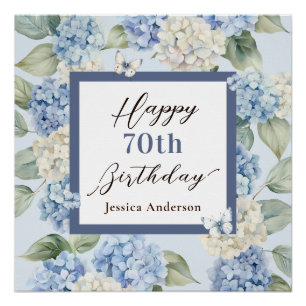 Blue Hydrangea Watercolor 70th Birthday Poster