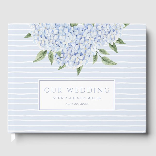 Blue Hydrangea Watercolor Blooms Custom Wedding Guest Book (Front)