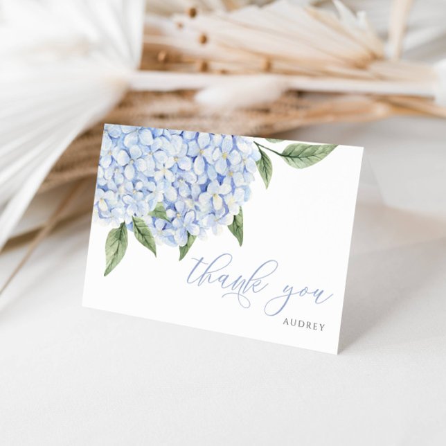 Blue Hydrangea Watercolor Blooms Script Thank You Card (Creator Uploaded)