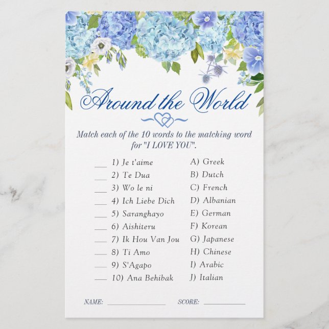 Blue Hydrangea  Watercolor Bridal Shower Game (Front)