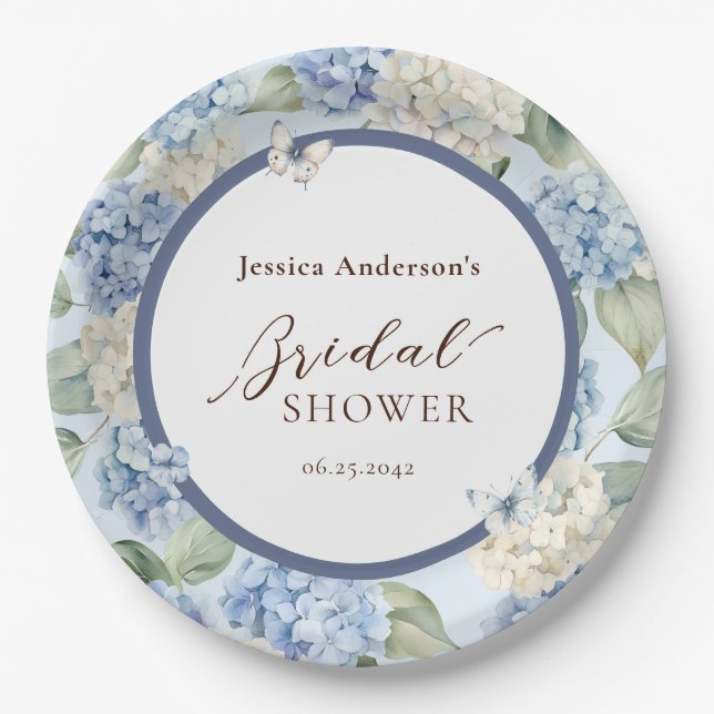Blue Hydrangea Watercolor Bridal Shower Paper Plate (Front)