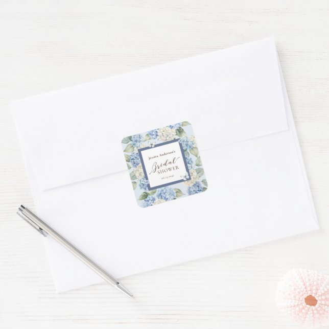 Blue Hydrangea Watercolor Bridal Shower Square Sticker (Envelope)