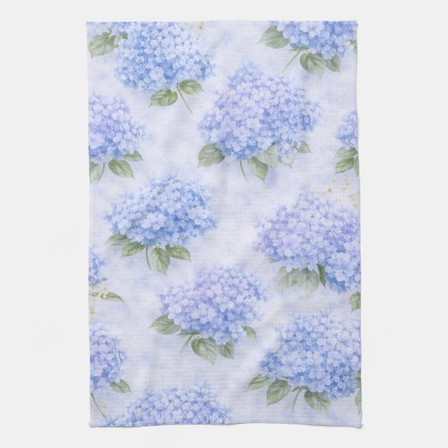 Blue Hydrangea Watercolor Coastal Kitchen Towel (Vertical)