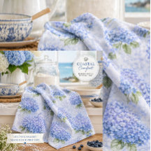 Blue Hydrangea Watercolor Coastal Kitchen Towel