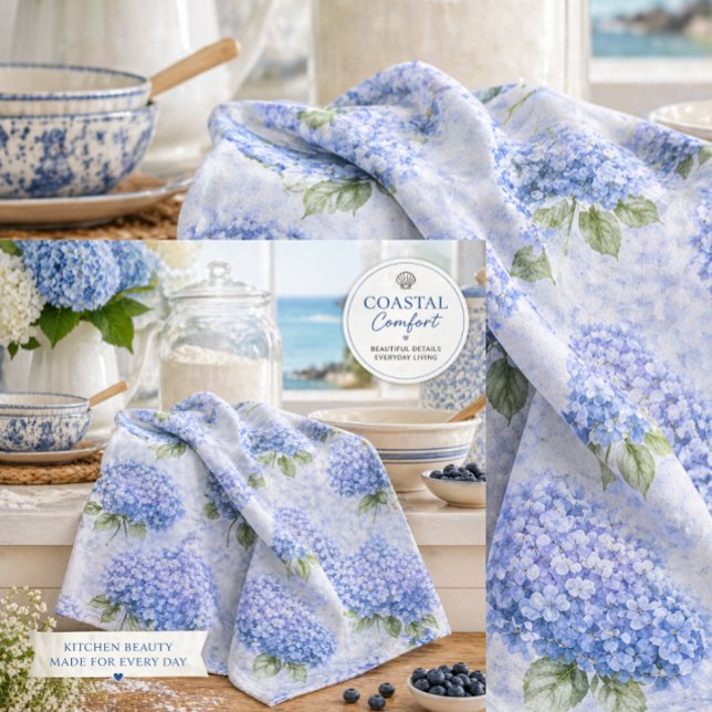 Blue Hydrangea Watercolor Coastal Kitchen Towel (Soft blue hydrangea tea towel brings elegant coastal charm to everyday baking and gifting.)