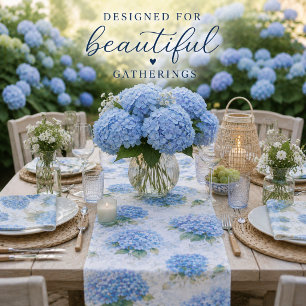 Blue Hydrangea Watercolor Coastal Table Runner