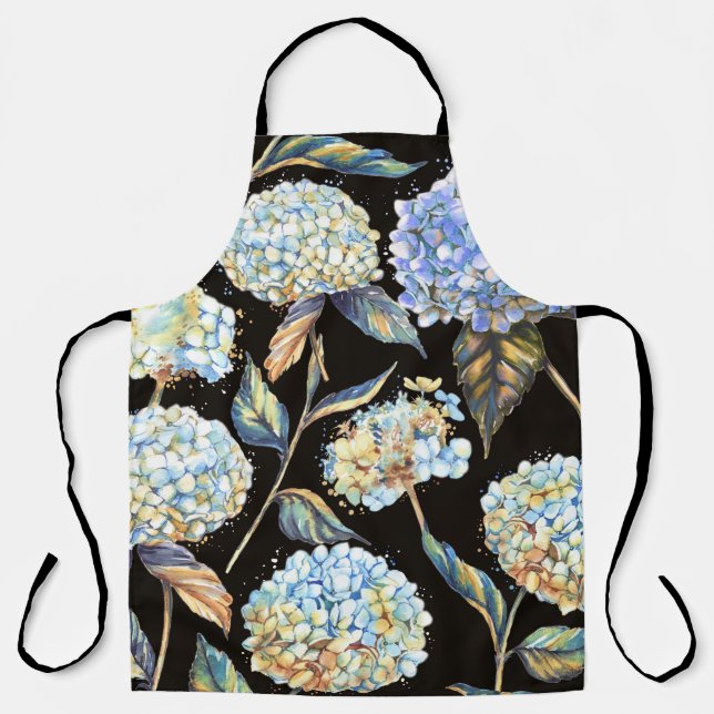 Blue Hydrangea Watercolor: Dark Seamless Pattern Apron (Front)