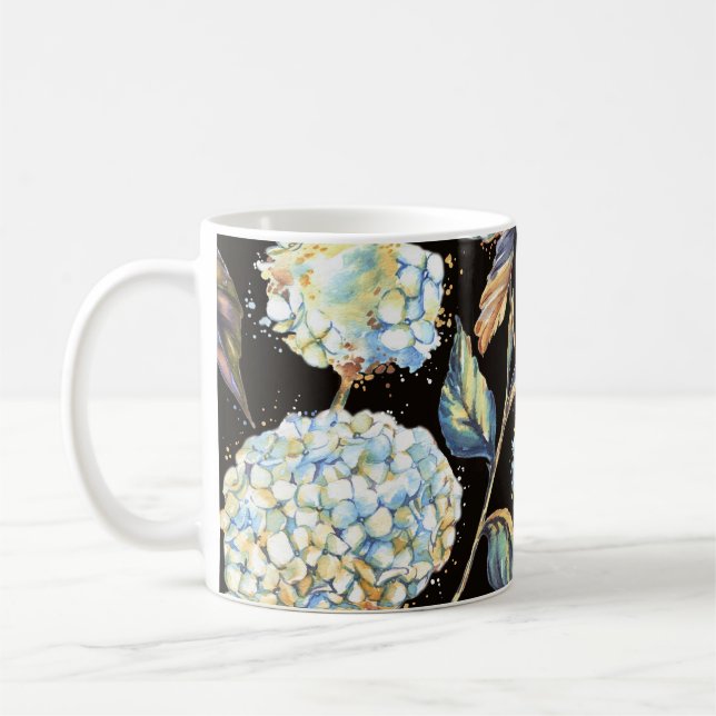 Blue Hydrangea Watercolor: Dark Seamless Pattern Coffee Mug (Left)