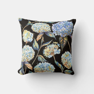 Blue Hydrangea Watercolor: Dark Seamless Pattern Cushion