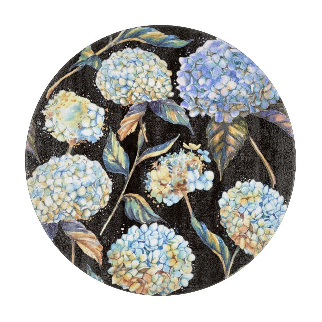 Blue Hydrangea Watercolor: Dark Seamless Pattern Cutting Board (Front)
