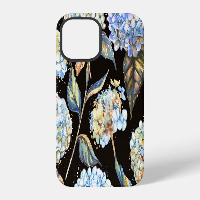 Blue Hydrangea Watercolor: Dark Seamless Pattern iPhone Case (Back)