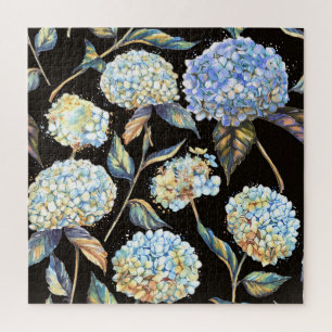 Blue Hydrangea Watercolor: Dark Seamless Pattern Jigsaw Puzzle