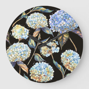 Blue Hydrangea Watercolor: Dark Seamless Pattern Large Clock