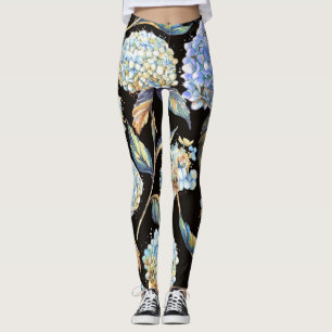 Blue Hydrangea Watercolor: Dark Seamless Pattern Leggings