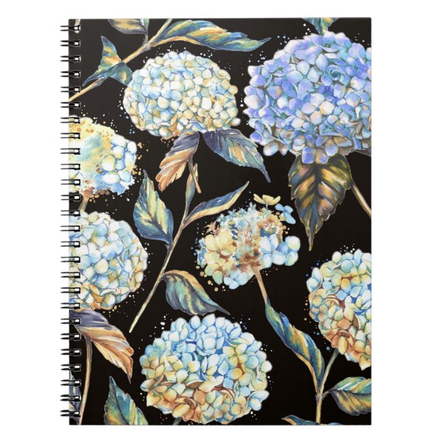 Blue Hydrangea Watercolor: Dark Seamless Pattern Notebook (Front)