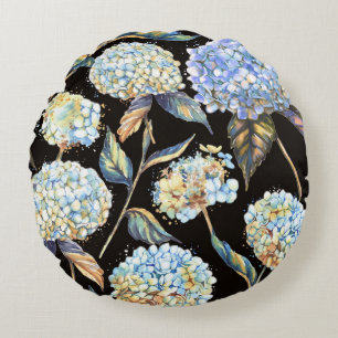 Blue Hydrangea Watercolor: Dark Seamless Pattern Round Cushion