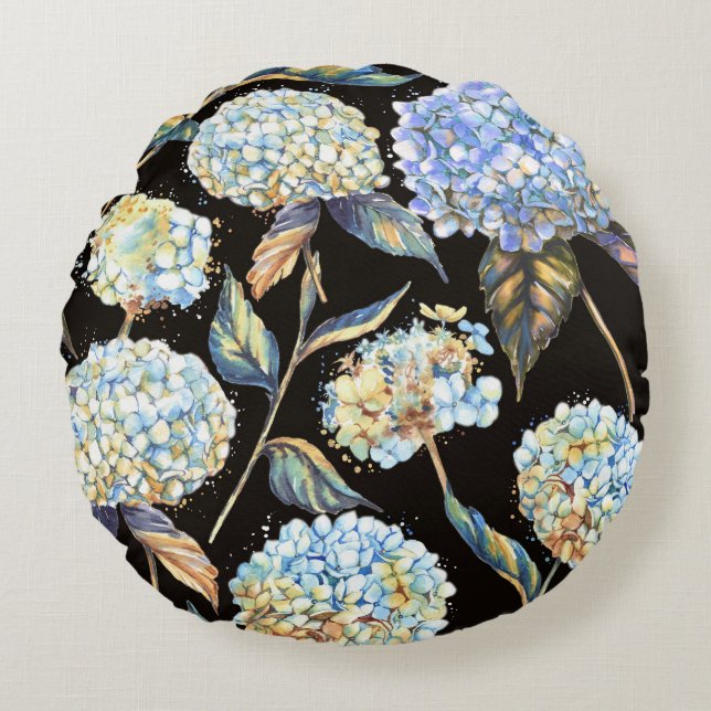 Blue Hydrangea Watercolor: Dark Seamless Pattern Round Cushion (Front)