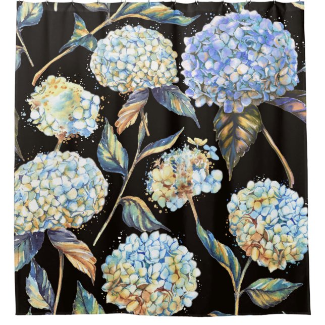 Blue Hydrangea Watercolor: Dark Seamless Pattern Shower Curtain (Front)