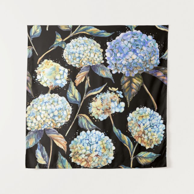 Blue Hydrangea Watercolor: Dark Seamless Pattern Tapestry (Front)