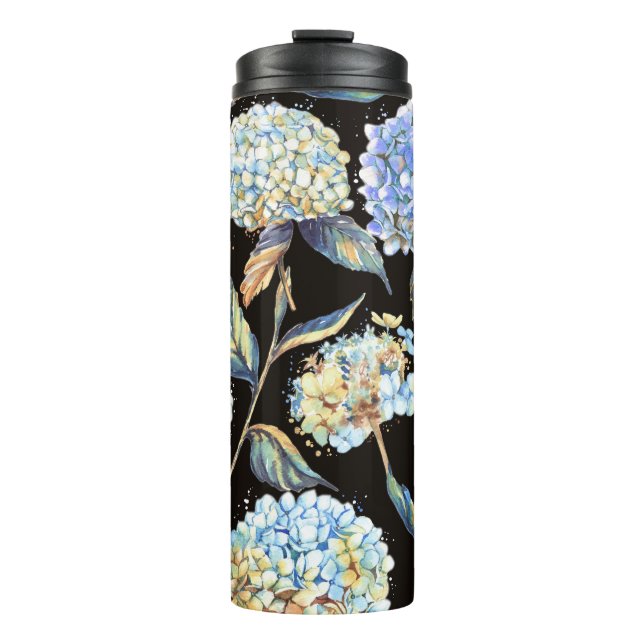 Blue Hydrangea Watercolor: Dark Seamless Pattern Thermal Tumbler (Front)