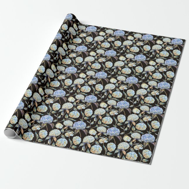Blue Hydrangea Watercolor: Dark Seamless Pattern Wrapping Paper (Unrolled)