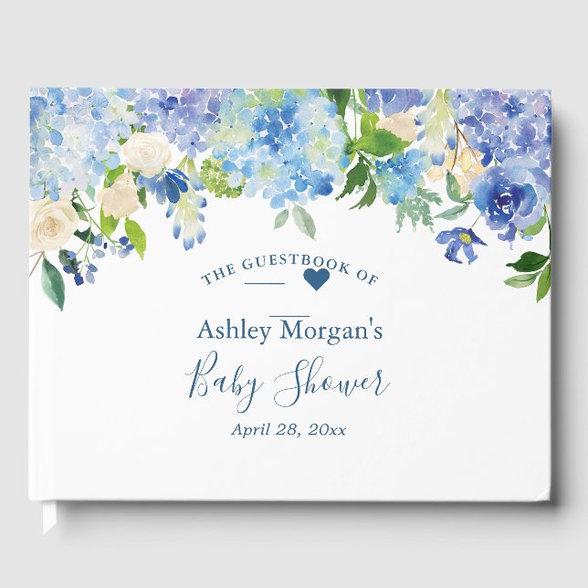 Blue Hydrangea Watercolor Floral Baby Shower Guest Book (Front)