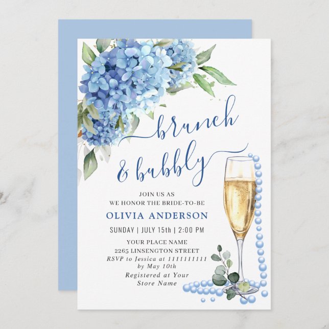 Blue Hydrangea Watercolor Floral Brunch and Bubbly Invitation (Front/Back)