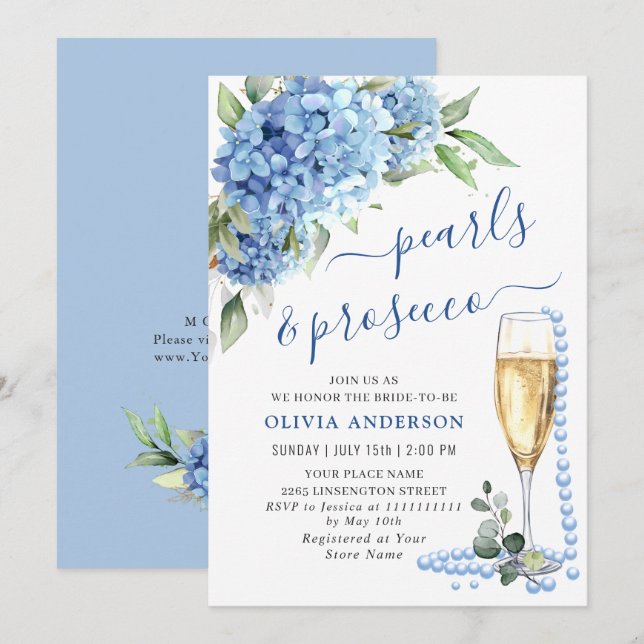 Blue Hydrangea Watercolor Floral Brunch and Bubbly Invitation (Front/Back)