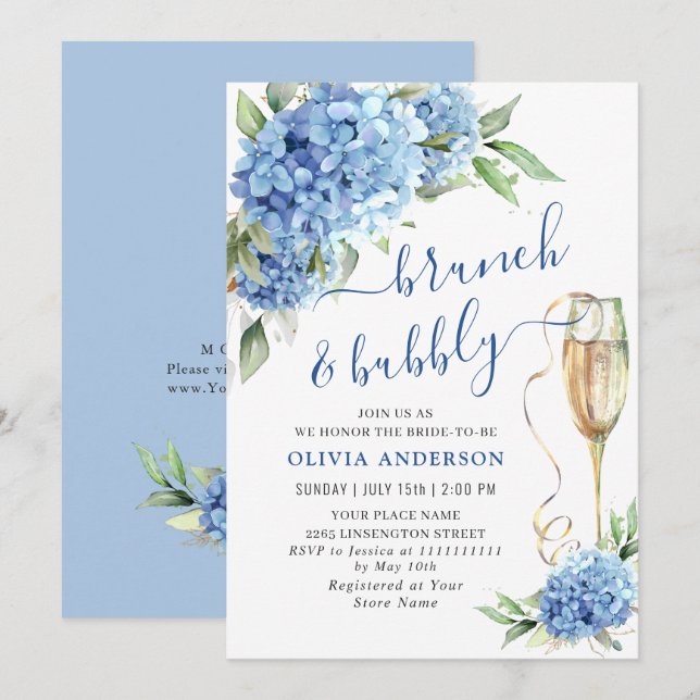 Blue Hydrangea Watercolor Floral Brunch and Bubbly Invitation (Front/Back)
